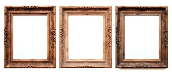 Three brown hardwood picture frames in rectangular shapes, showcasing beautiful wood stain tints and shades. The symmetry and pattern create a stunning fixture for any room