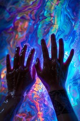 Embracing Tomorrow: Hands Engaging with Immersive Futuristic Installation in Motion