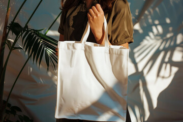 Close up of a woman holding a blank white tote, reusable shopping bag on a bright, sunny day, casting soft shadows, symbolizing hope and renewal,