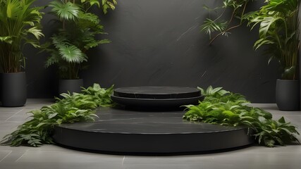 A black stone platform with room for merchandise is situated between the leaves of green plants. - obrazy, fototapety, plakaty