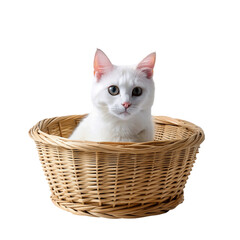 Fototapeta na wymiar White cat in a basket isolated on Transparent background.