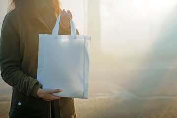 Close up of a woman holding a blank white tote, reusable shopping bag during a foggy morning, symbolizing clarity and purity in environmental endeavors,