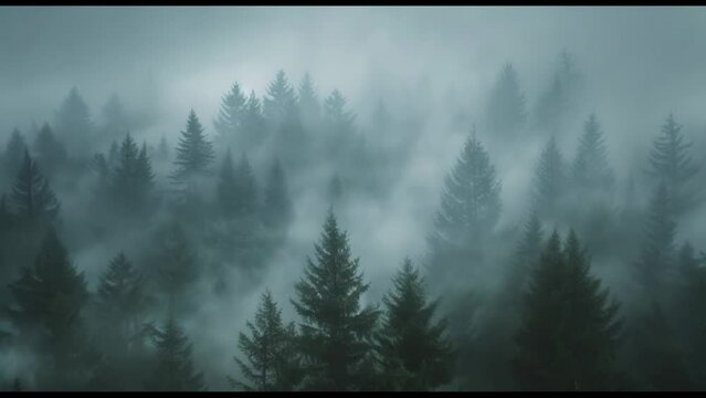 Enchanting Fog Drifts Through the Forest, Bringing to Life a Mystical Landscape