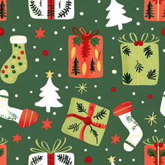 Seamless Christmas pattern: stockings, gifts, trees & stars on green background.