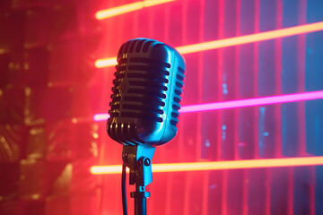 retro microphone on stage with light red background.