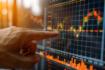 Hand pointing to a stock chart on a computer screen. Analysis, business.