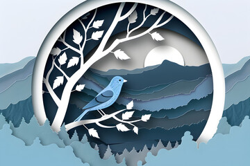Blue bird perched on branch, gazing at majestic mountains papercut style.