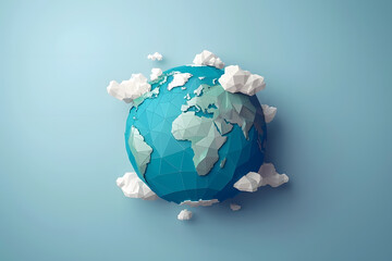 Papercut blue and green geometric Earth with a few white clouds rests in space.
