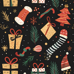 Seamless Christmas pattern with red & green socks, gifts, candy canes, trees & snowflakes on black background.