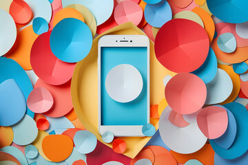 Smartphone with a blank screen rests on a flat surface covered in colorful confetti circles.