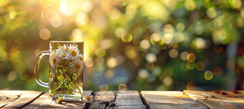 Beautiful daisies in a cup in the summer garden. Rural landscape natural background with daisy flowers in the sunlight. Summer, copy space. AI generated illustration