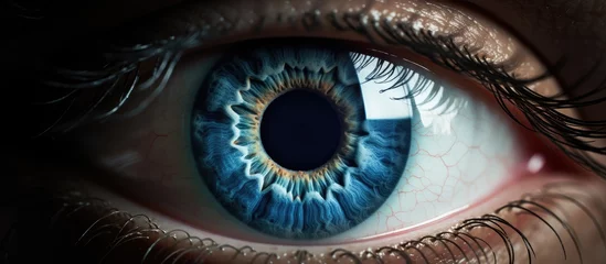 Poster A macro photograph of a human bodys brown eye with electric blue iris and long eyelashes in the darkness, resembling a beautiful art of natural material © 2rogan