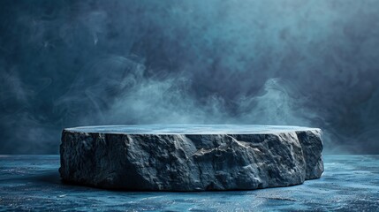 Blue stone pedestal with smoke and lighting for product presentation. Circular base with front view
