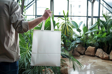 A man holding a blank white tote, reusable shopping bag in a dynamic, modern atrium filled with plants, underlining the integration of nature into architectural design, - obrazy, fototapety, plakaty