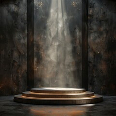 Circular podium with steps and rays of light descending with smoke particles in the background. For product presentation - obrazy, fototapety, plakaty