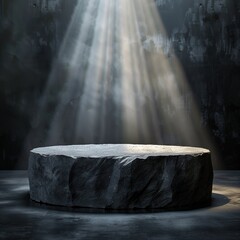Pedestal with lighting and rays of light descending from above. Stone, pairs and floor in black and dark blue. Empty base for product presentation