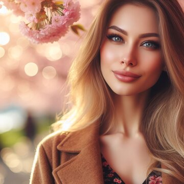 Portrait of a beautiful woman with blonde hair. In the background are Japanese cherry blossoms