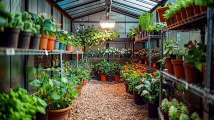 Greenhouse filled with lots of potted plants and plants hanging from the ceiling.