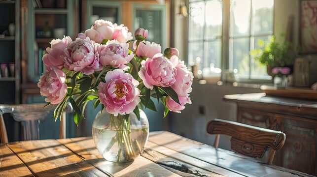 Elevate your dining experience with our photo of a vase filled with pink peonies on a rustic wooden table in a cozy dining room