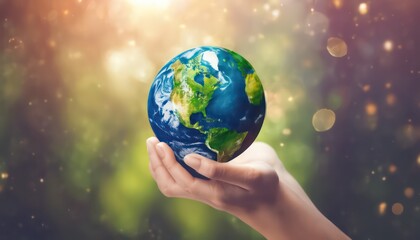 Hand holding earth with sparkling bokeh background