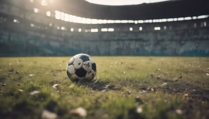 Abandoned soccer ball on stadium field