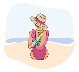 Beautiful girl in swimsuit and hat sitting on summer beach, seacoast back view. Young woman sunbathing, relaxing on seaside holiday, vacation. Outline vector illustration.