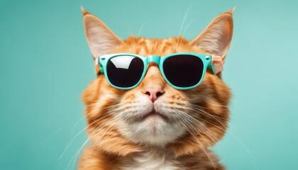 Cool cat in sunglasses on turquoise background