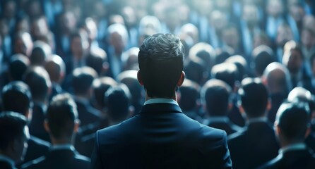 A man is standing in front of a large crowd of people, facing them with a confident posture. - obrazy, fototapety, plakaty