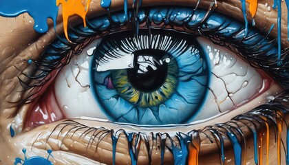 Abstract colorful artwork of a hyperrealistic eye with vibrant paint drips