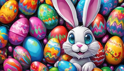 Vibrant easter bunny with colorful eggs - obrazy, fototapety, plakaty