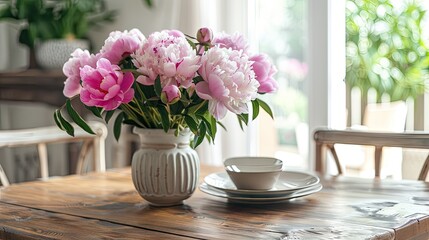 Obraz na płótnie Canvas Elevate your dining experience with our photo of a vase filled with pink peonies on a rustic wooden table in a cozy dining room