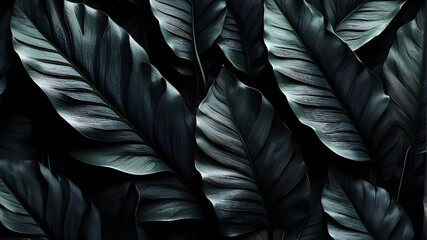 Abstract black leaf textures for a tropical leaf background. Digital artificial intelligence, dark nature theme, flat lay, tropical leaf