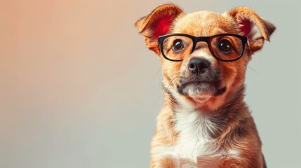 Funny smart dog with glasses isolated on beige background - obrazy, fototapety, plakaty