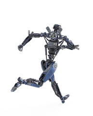 apocalypse cyborg is running like a comic hero in rear view