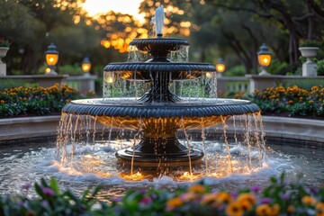 A classic tiered water fountain beautifully illuminated by warm sunset light in a serene garden setting - obrazy, fototapety, plakaty