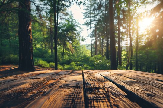 The picture of the wood table in the middle of the forest that surrounded with an uncountable amount of tree and plant in the forest with a bright light from the brightest sun of the daytime. AIGX03.