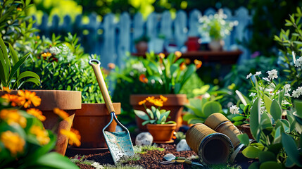 Garden filled with lots of potted plants and gardening utensils.