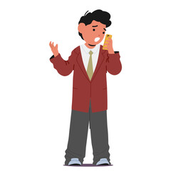 Young Boy Entrepreneur On The Phone, Confidently Discussing Deals And Strategies. Kid Businessman Navigates Business