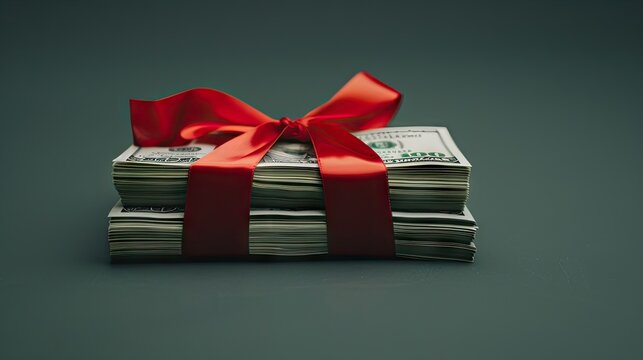Symbolize financial success with our image of a stack of dollar banknotes adorned with a red ribbon on a pristine black background. Invest wisely