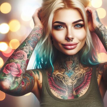 Portrait of a beautiful woman with blonde hair and many tattoos