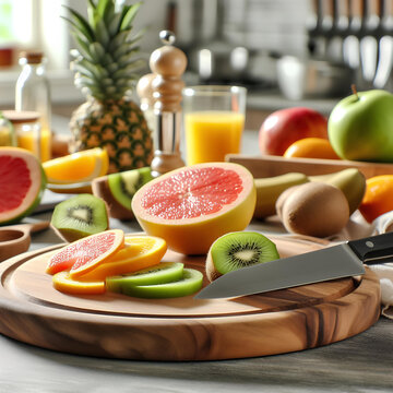 cutting fruit isolated on table on blurred kitchen background