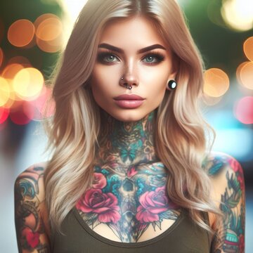 Portrait of a beautiful woman with blonde hair and many tattoos