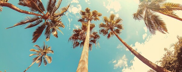 Low angle view of palm trees growing against blue sky during sunny day - Powered by Adobe