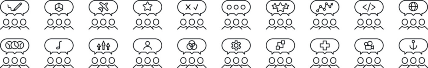 People with speech bubble linear vector icons collection. Editable stroke. Simple linear illustration for web sites, newspapers, articles book