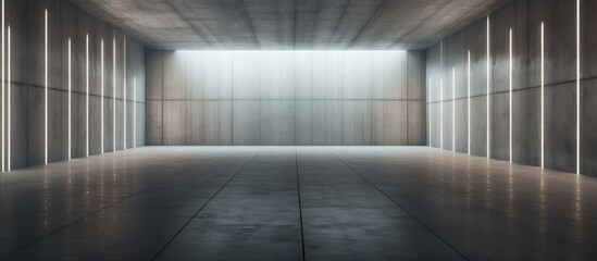 Empty detailed concrete room with light stripes and reflections.