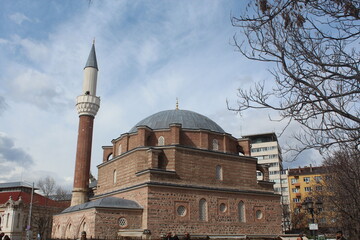 Fototapeta na wymiar View of Banya Bashi Mosque, the oldest Ottoman architecture in Sofia, from different angles. Sofia Bulgaria