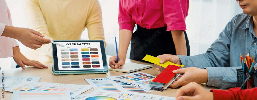 Poster a portrait of creativity graphic designer team select appropriate color for the project by using lap