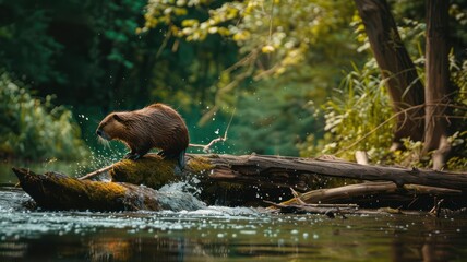 Beaver sitting on a tree trunk at the river created with Generative AI