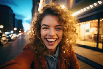 pretty young woman happy and surprised expression. city background