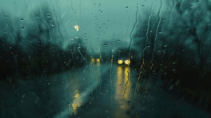 Experience the essence of a rainy journey with our blurred view of a road through a wet car window. Stay safe on wet roads - obrazy, fototapety, plakaty